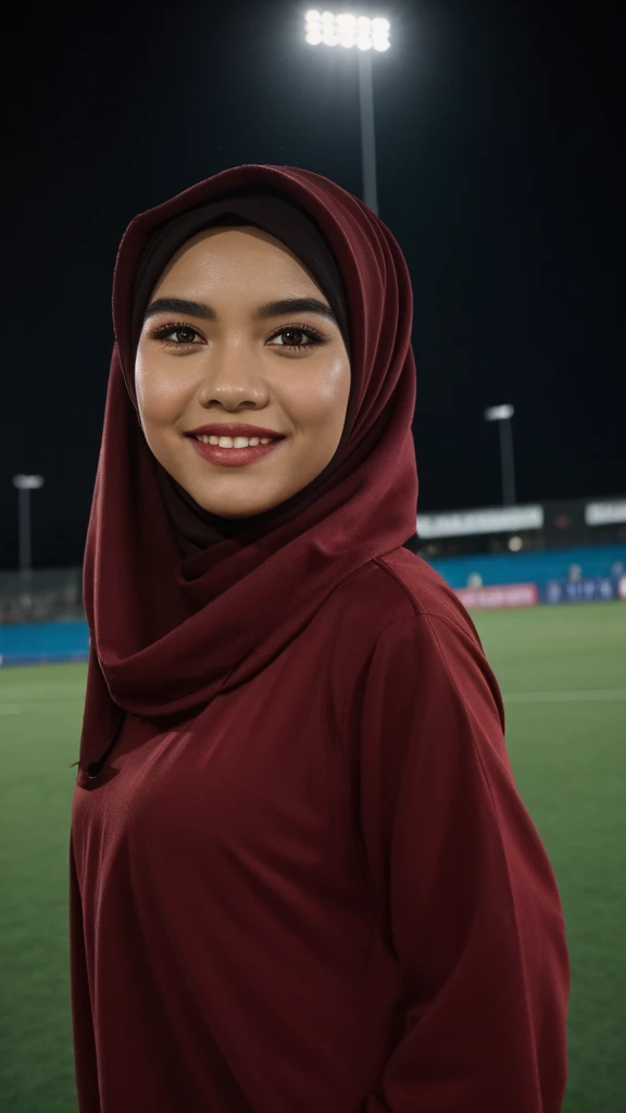 Malay girl in hijab wear big oversized loose dark red jersey and high waist palazzo pants in soccer field, watching soccer, wear back pack, front view, detail skin, detail skin texture, mole below eyes, big breast, big hip, big waist, big thigh,  beautiful body, nighttime, laughing, happy, bright lighting,  blur background, bokeh, Nikon D850, Photographie de film ,4 Kodak Portra 400 ,camera f1.6 lentilles ,hyper realistic ,lifelike texture, dramatic lighting , Cinestill 800, (high detail face:1.4) (sourire:0.7)