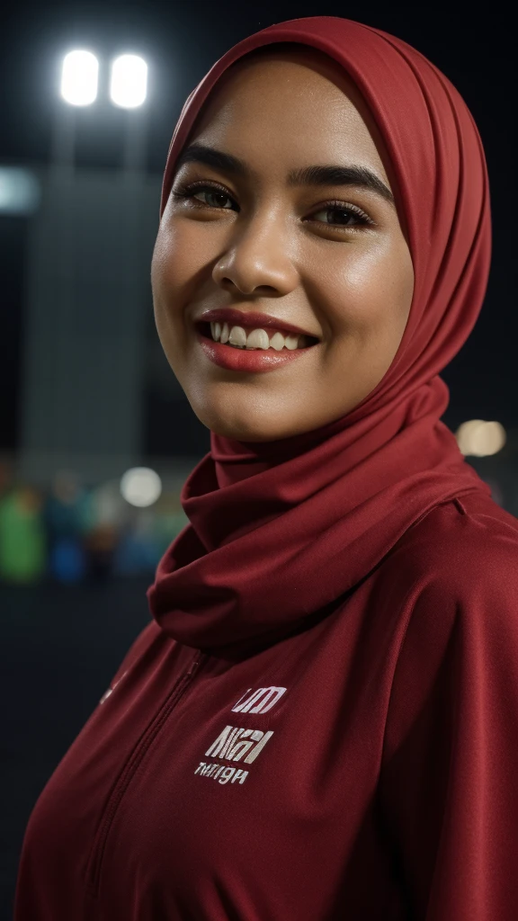 Malay girl in hijab wear big oversized loose dark red jersey and high waist palazzo pants in soccer field, watching soccer, wear back pack, front view, detail skin, detail skin texture, mole below eyes, big breast, big hip, big waist, big thigh, beautiful body, nighttime, laughing, happy, bright lighting, blur background, bokeh, Nikon D850, Photographie de film ,4 Kodak Portra 400 ,camera f1.6 lentilles ,hyper realistic ,lifelike texture, dramatic lighting , Cinestill 800, (high detail face:1.4) (sourire:0.7)