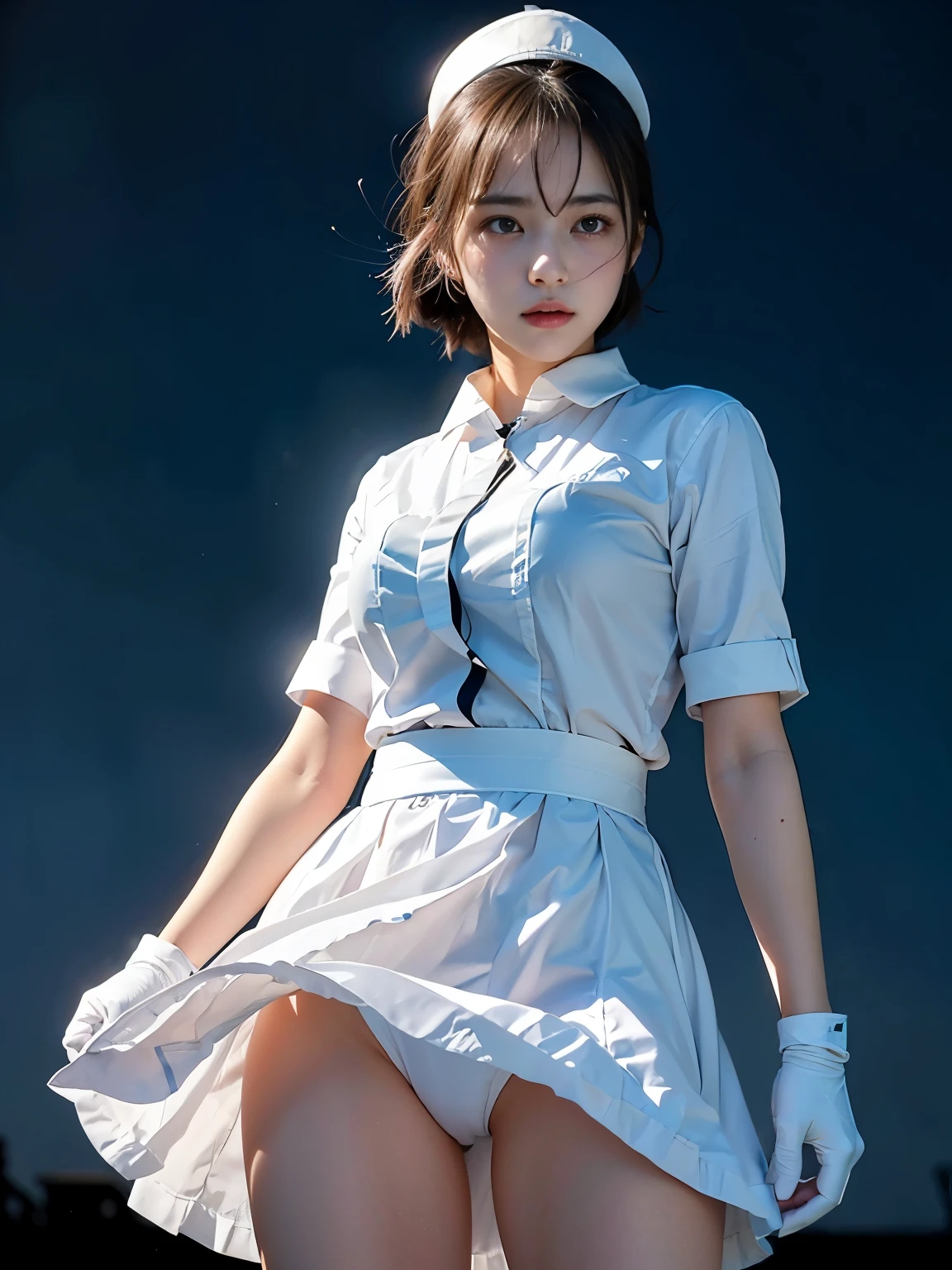 best quality, masterpiece, (realistic:1.2), front, 1 girl, , (silhouette lighting:1.5), sobbing, light brown chignon hair with bangs, white nurse costume, white nurse cap, white gloves and mask, blue eyes, detailed face, beautiful eyes, medium breast, standing in hospital room, windy upskirt, wind blowing skirt, pink panty