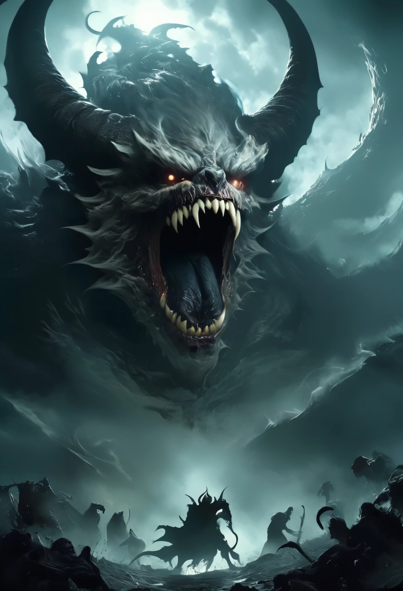 (best quality,highres:1.2),ultra-detailed,realistic:1.37,summoned enormous terrifying white demon,huge fangs protruding from its large mouth, four eyes, long tail, massive four horns,nightmare creature,frightening presence,sharp, menacing claws, terrifying silhouette,shadowy figure,ominous atmosphere,dark, haunting background,horror genre