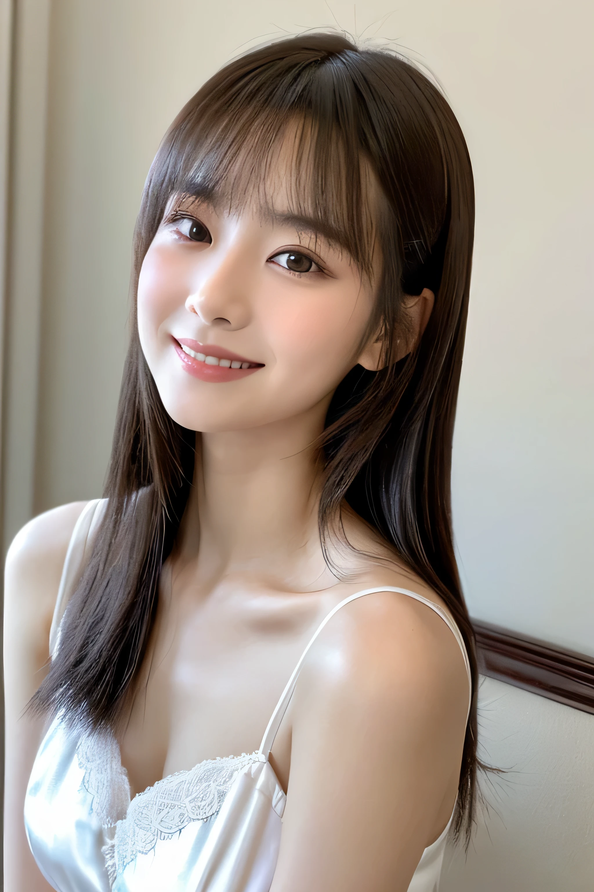 ((A close-up frontal photograph of the face of a 24-year-old Japanese woman)) (Her long bangs, which reach down to her eyes, are neatly trimmed..) ((highest quality)), ((masterpiece)), (be familiar with), perfect face (Highly detailed 8K) (Stable diffusion model) (Her skin is a typical Japanese skin color.、Very detailed.) dynamic lighting (Her hair is very shiny, shiny, Fine and detailed.、And as beautiful as silk) (She is wearing pure white shiny lingerie.) (Her face is slim and dignified.., long slit eyes..々nice face) (Her bangs are neatly trimmed) professional lighting (She looks at the viewer with a shy smile) (She has perfect beautiful makeup Lipstick is light red A solid eyeliner)