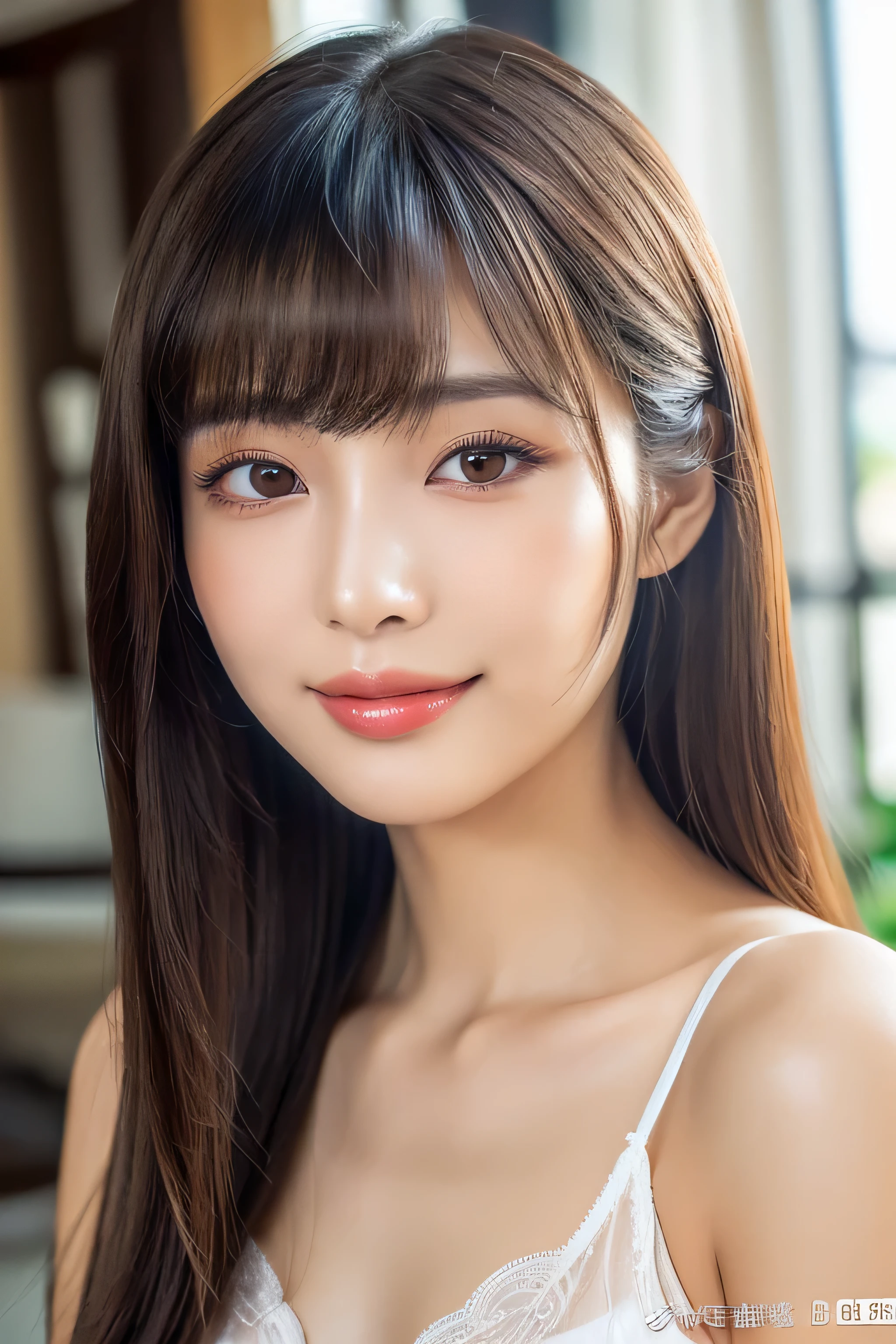 ((A close-up frontal photograph of the face of a 24-year-old Japanese woman)) (Her long bangs, which reach down to her eyes, are neatly trimmed..) ((highest quality)), ((masterpiece)), (be familiar with), perfect face (Highly detailed 8K) (Stable diffusion model) (Her skin is a typical Japanese skin color.、Very detailed.) dynamic lighting (Her hair is very shiny, shiny, Fine and detailed.、And as beautiful as silk) (She is wearing pure white shiny lingerie.) (Her face is slim and dignified.., long slit eyes..々nice face) (Her bangs are neatly trimmed) professional lighting (She looks at the viewer with a shy smile) (She has perfect beautiful makeup Lipstick is light red A solid eyeliner)