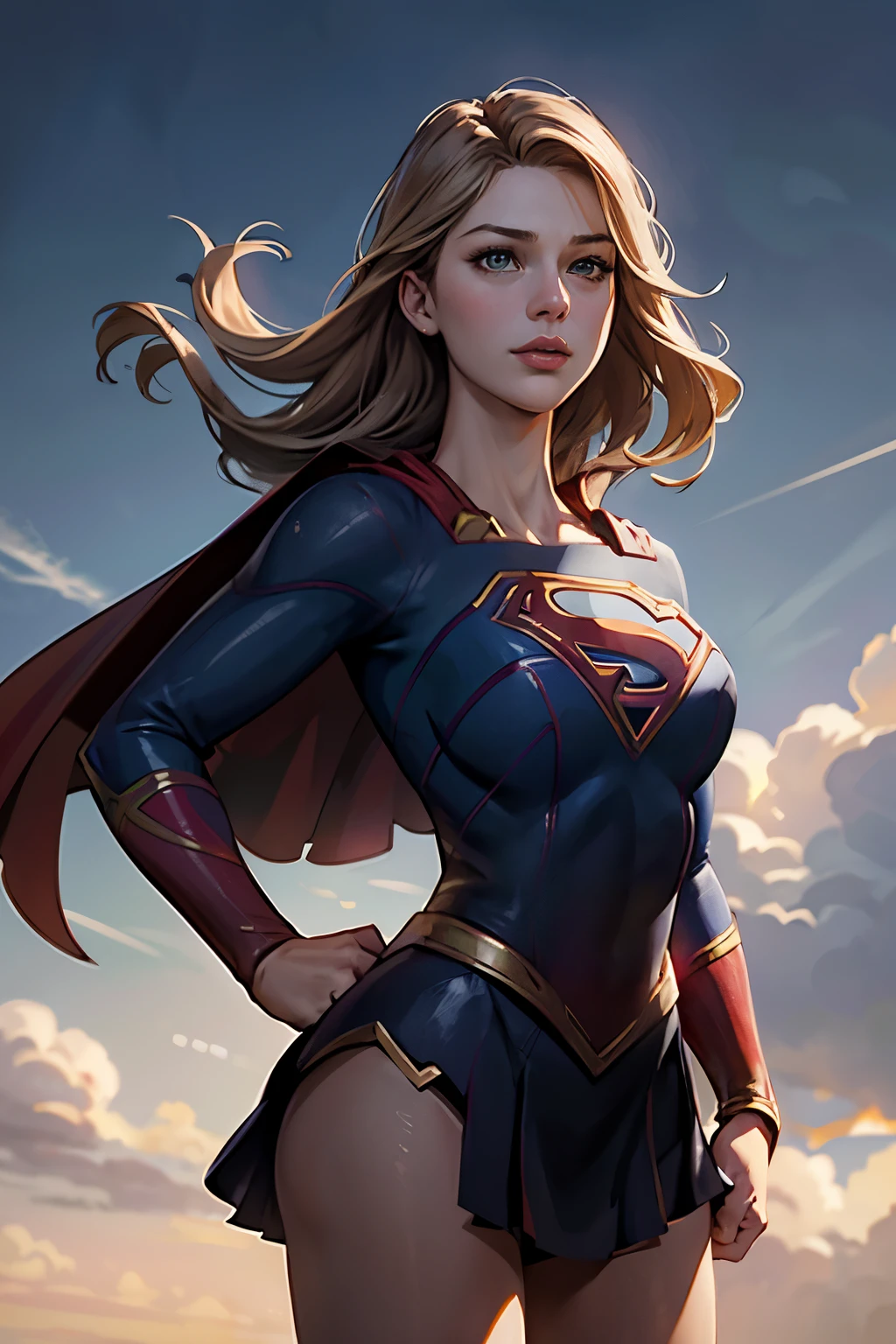 ((highest quality)), ((masterpiece)), (be familiar with), (High definition), (realistic), (realistic), (best shadow), low contrast, (Complex:1.4), side lighting, 8K, ((melissa Benoist)), ((SUPER GIRL)), perfect face、Detailed、(Accurate hand and finger depiction)、supergirl women、blonde、plump body、big breasts、constricted waist、big ass、Glamorous、glamorous、(Supergirl in the sky)、Looking up from directly below、(from head to toe)、daytime