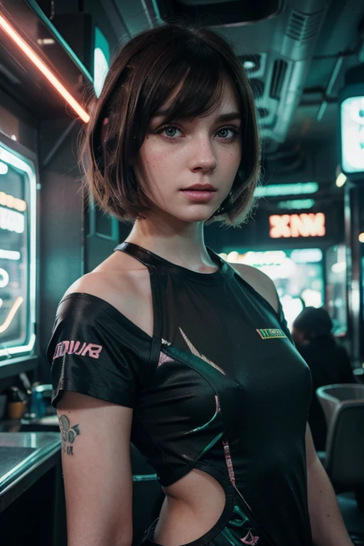 girl with pale skin, dark brown hair, bob hairstyle with curtain bangs, grey-green eyes, freckles, beautiful flawless face, with floral tattooes, in mini dress, in a futuristic cyberpunk world full of neon lights