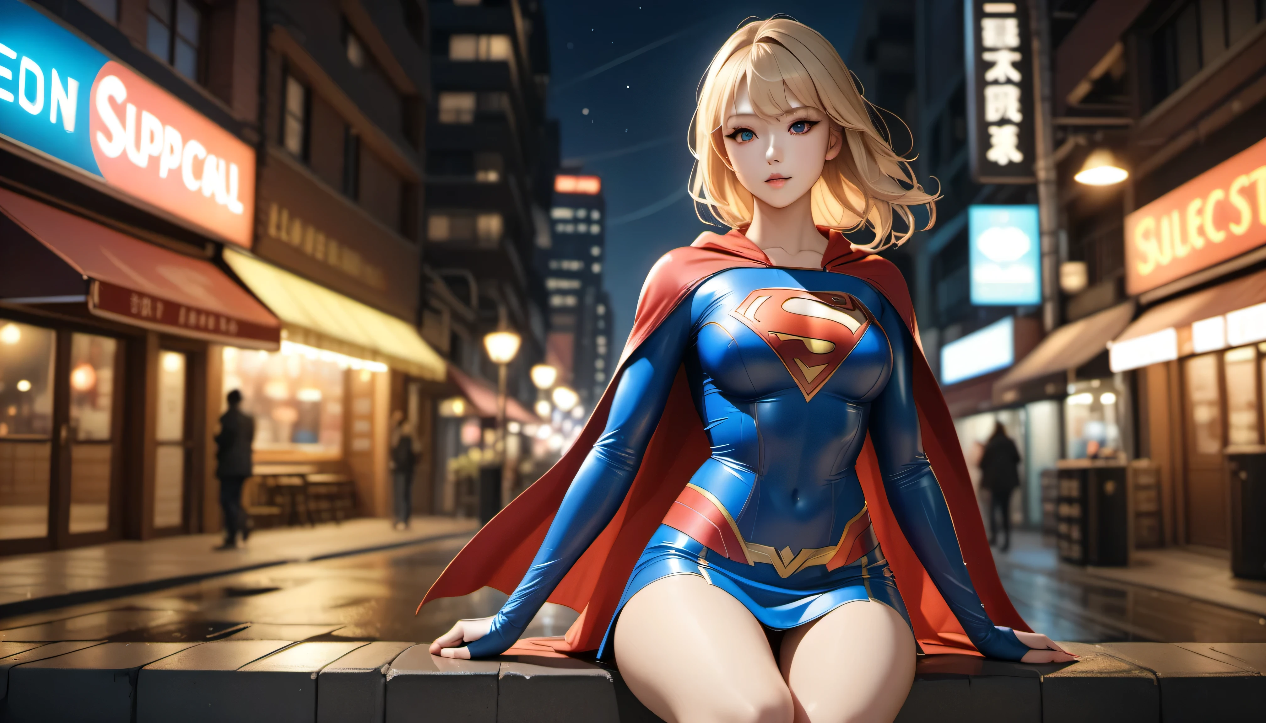 ((Realistic Lighting, Best Quality, 8K, Masterpiece)), Focus, 1girl, Perfectly shaped Chinese beauty, Fine abs, ((blonde hair)), (Latex supergirl costume: 1.4), (Outdoor, Night), City streets, Super thin face, Thin eyes, Double eyelids, Latex miniskirt, (Black socks over the knee) --auto --s2
