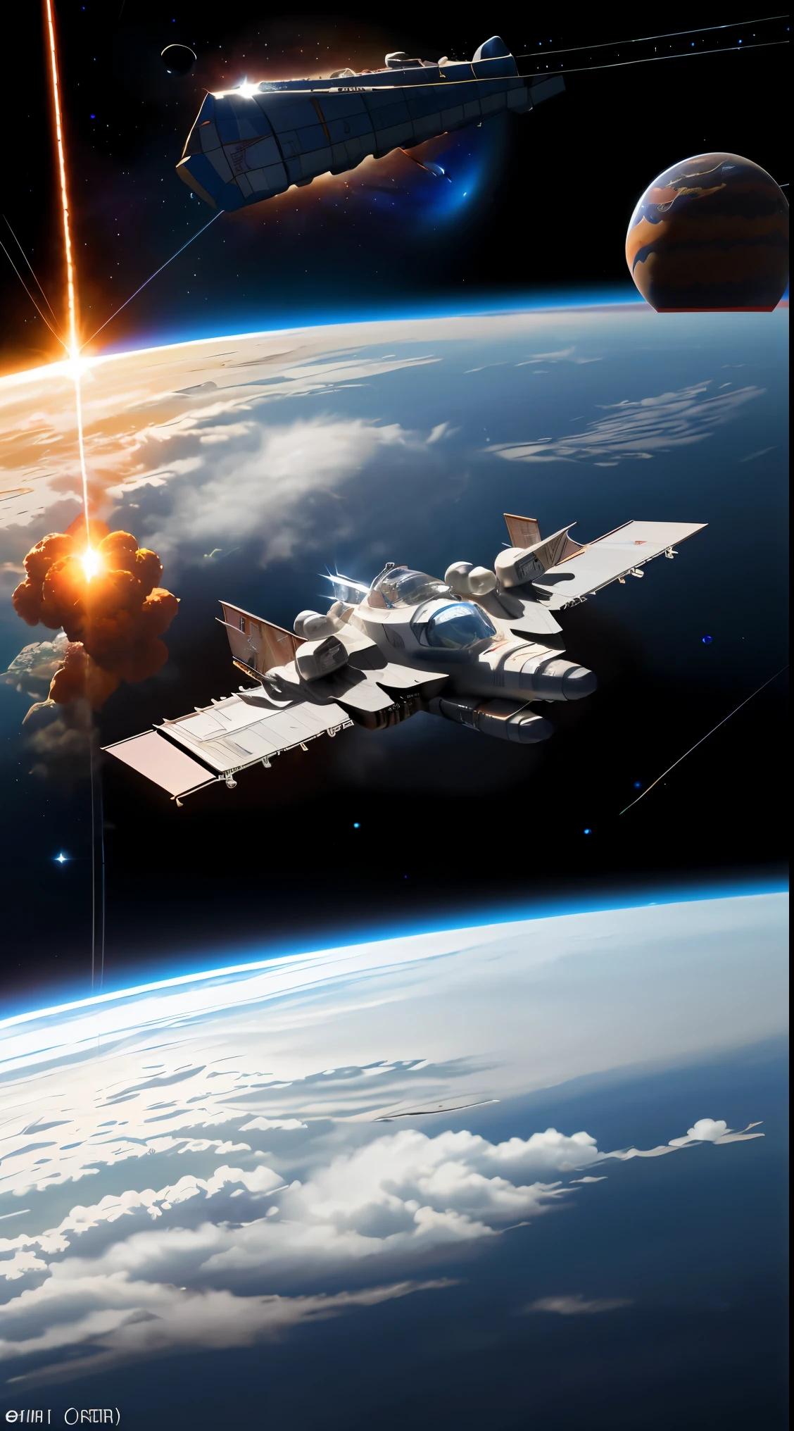 ultra realistic photo inspired by DC with Superman in space, destruindo um meteoro, on a collision course with Earth, o Sol e outros planetas e a ISS ao fundo, Texto, "Thiago", escrito com fogo, in space 8k
