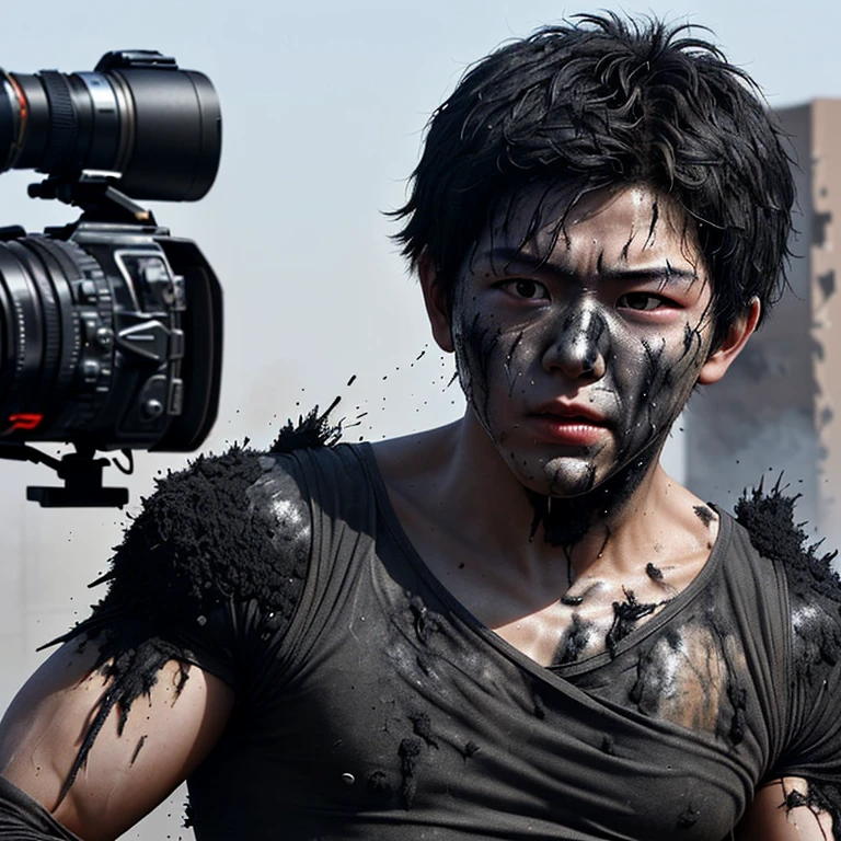 He was caught in an explosion while filming an action movie.、Boy actor covered in soot.