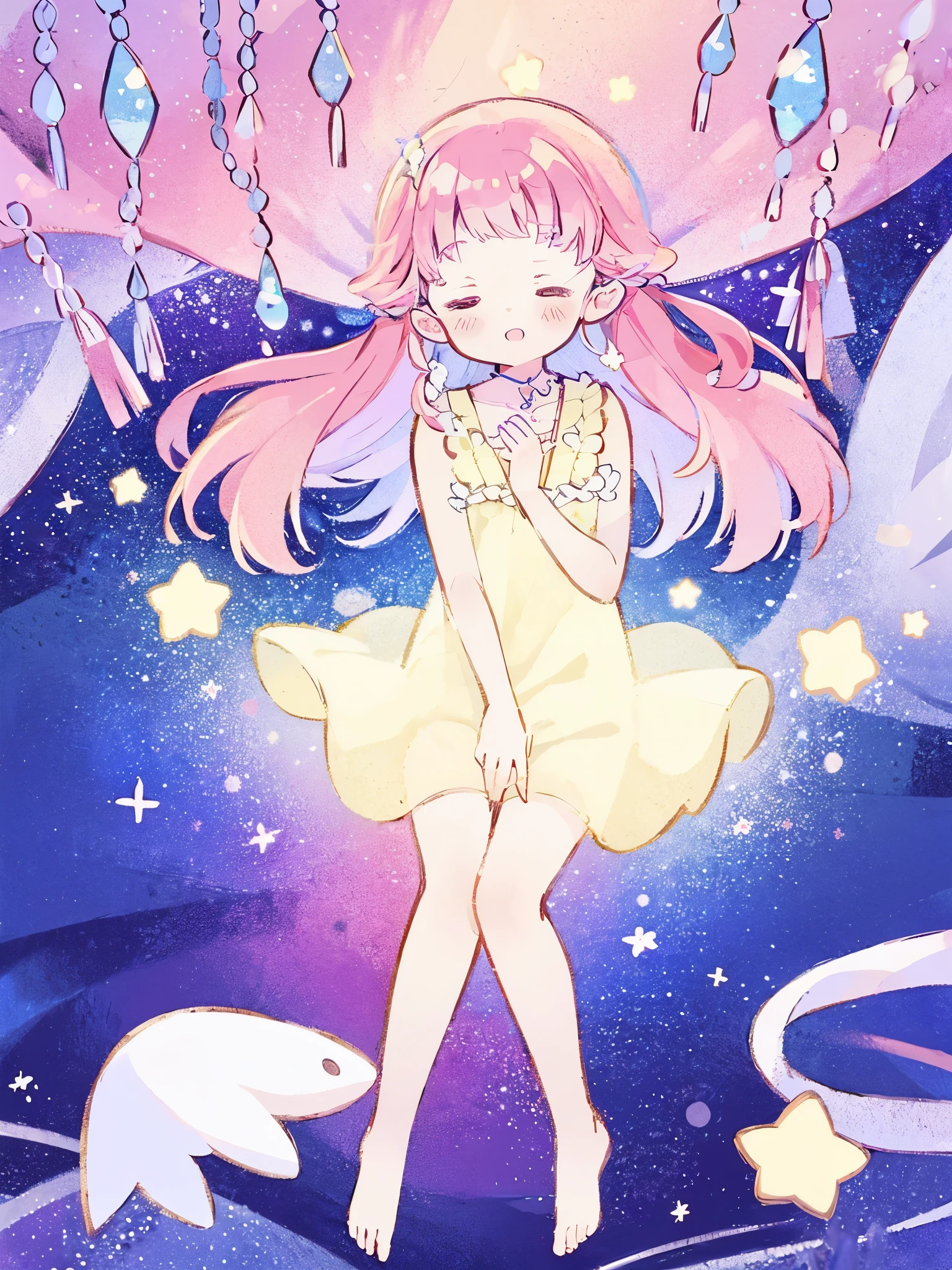complex background, wishing star background, a woman wearing an ethereal mystical pink translucent dress that reflects the stars, perfume promo art, mystic, complex drawing, highly detailed, Covergirl brand, promo art, artistic rendition, ethereal, starry night, midjourney style