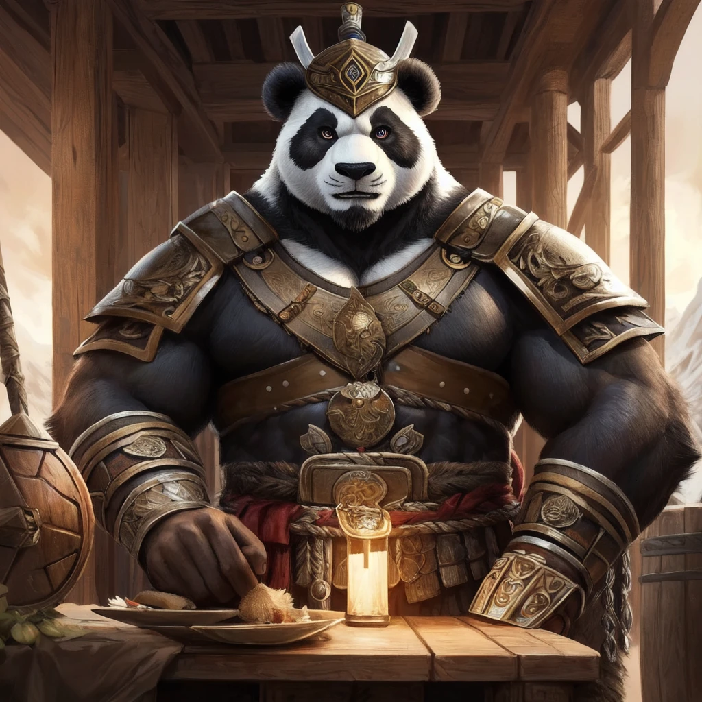 (Male panda warrior with Viking elements, full body, muscular build, intricately detailed armor, authentic Viking helmets, bearded face, fierce expression, realistic rendering, highest quality, masterpiece, ultra-detailed, dramatic, trending on ArtStation, realistic, sitting on a warhorse, looking directly at the viewer, red and gold accents on armor, lifelike fur, detailed eyes and face, brightly lit scene, intimate and intense atmosphere)
Guerrier (Warrior) panda (Male panda with humanoid features and portrayal of the Viking culture)
- Full body, showcasing the muscular build and intr