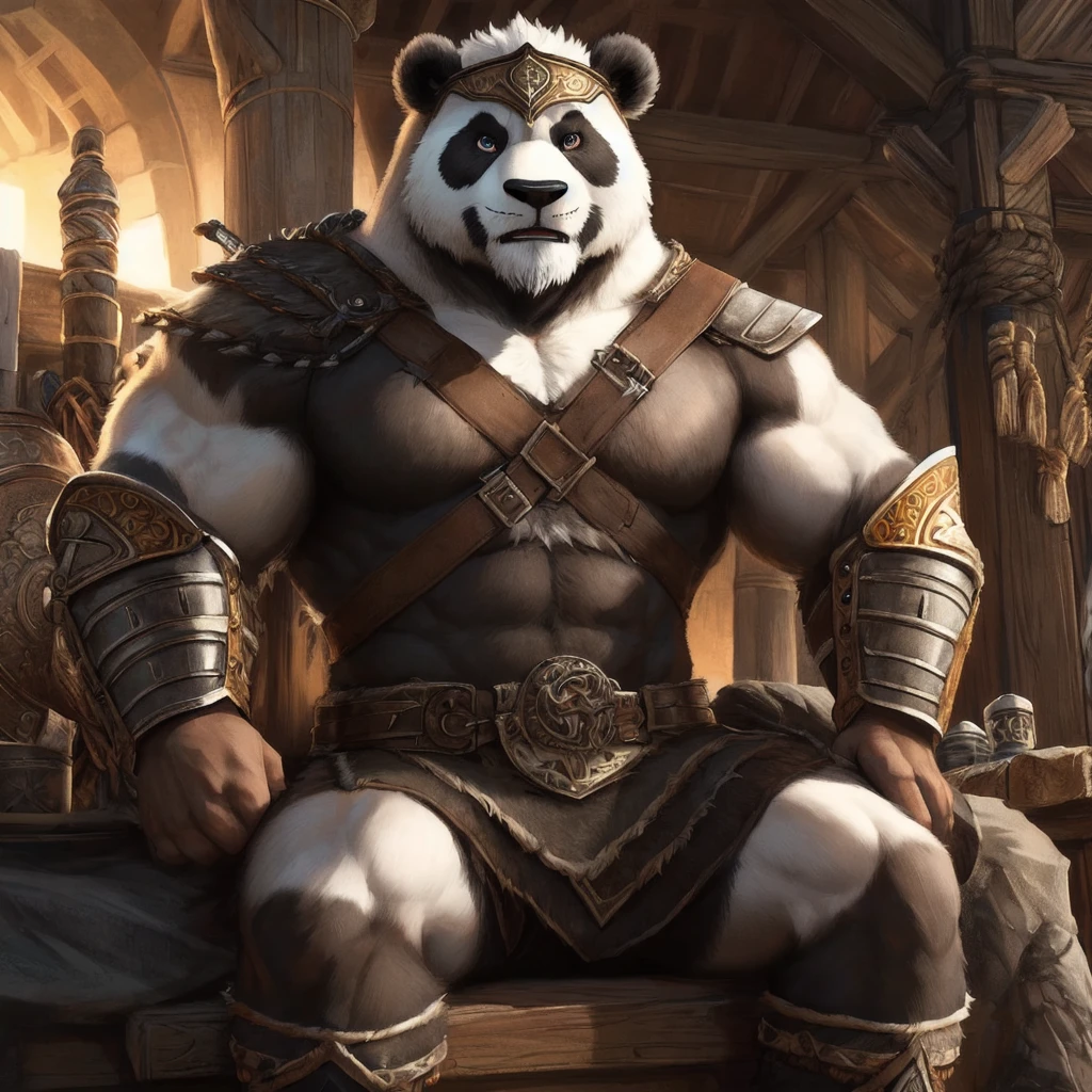 (Male panda warrior with Viking elements, full body, muscular build, intricately detailed armor, authentic Viking helmets, bearded face, fierce expression, realistic rendering, highest quality, masterpiece, ultra-detailed, dramatic, trending on ArtStation, realistic, sitting on a warhorse, looking directly at the viewer, red and gold accents on armor, lifelike fur, detailed eyes and face, brightly lit scene, intimate and intense atmosphere)

Guerrier (Warrior) panda (Male panda with humanoid features and portrayal of the Viking culture)

- Full body, showcasing the muscular build and intr