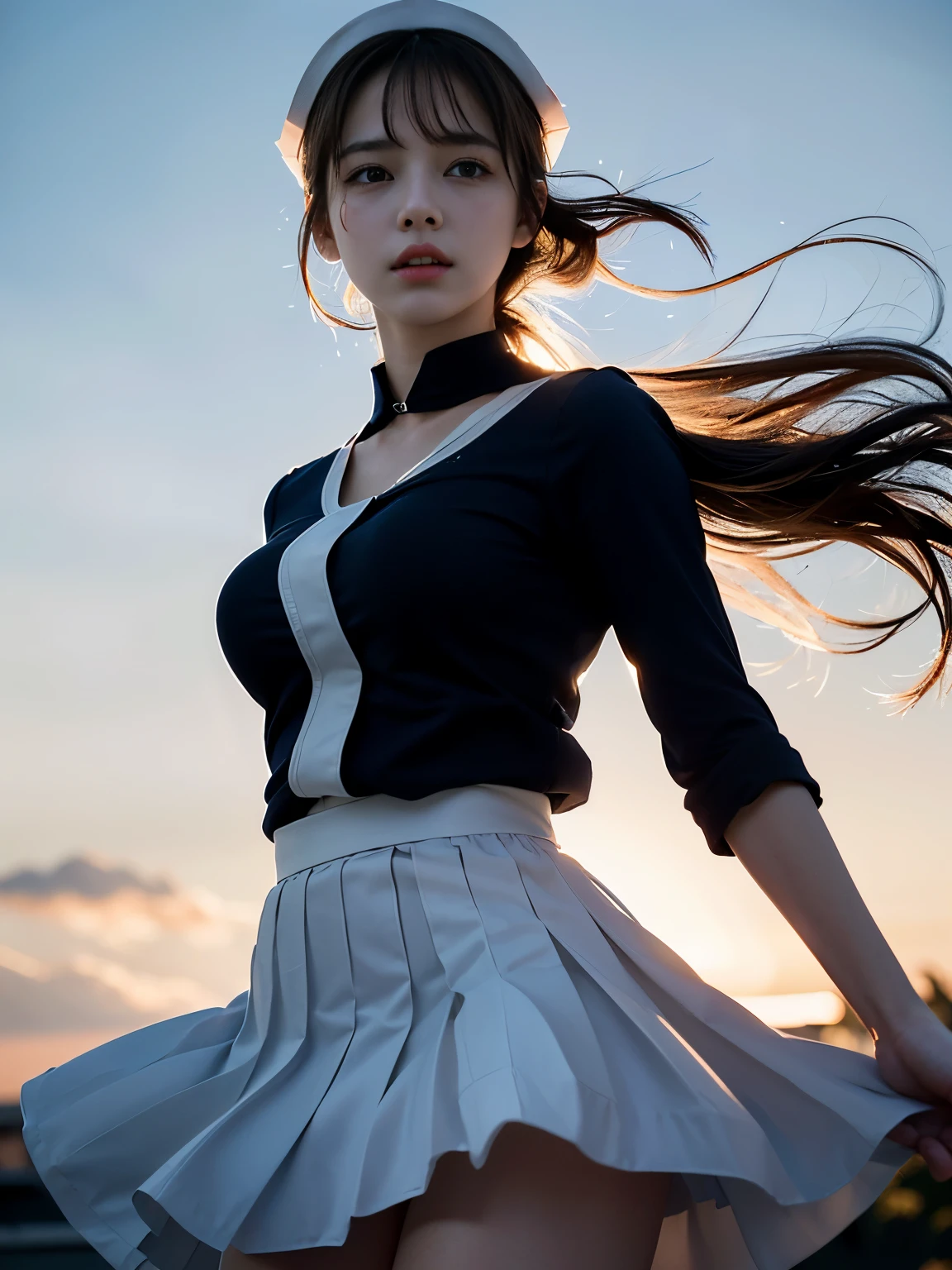 best quality, masterpiece, (realistic:1.2), front, 1 girl, , (silhouette lighting:1.5), sobbing, light brown chignon hair with bangs, white nurse costume, white nurse cap, blue eyes, detailed face, beautiful eyes, medium breast, rooftop in twilight, (windy upskirt, wind blowing skirt:1.2)