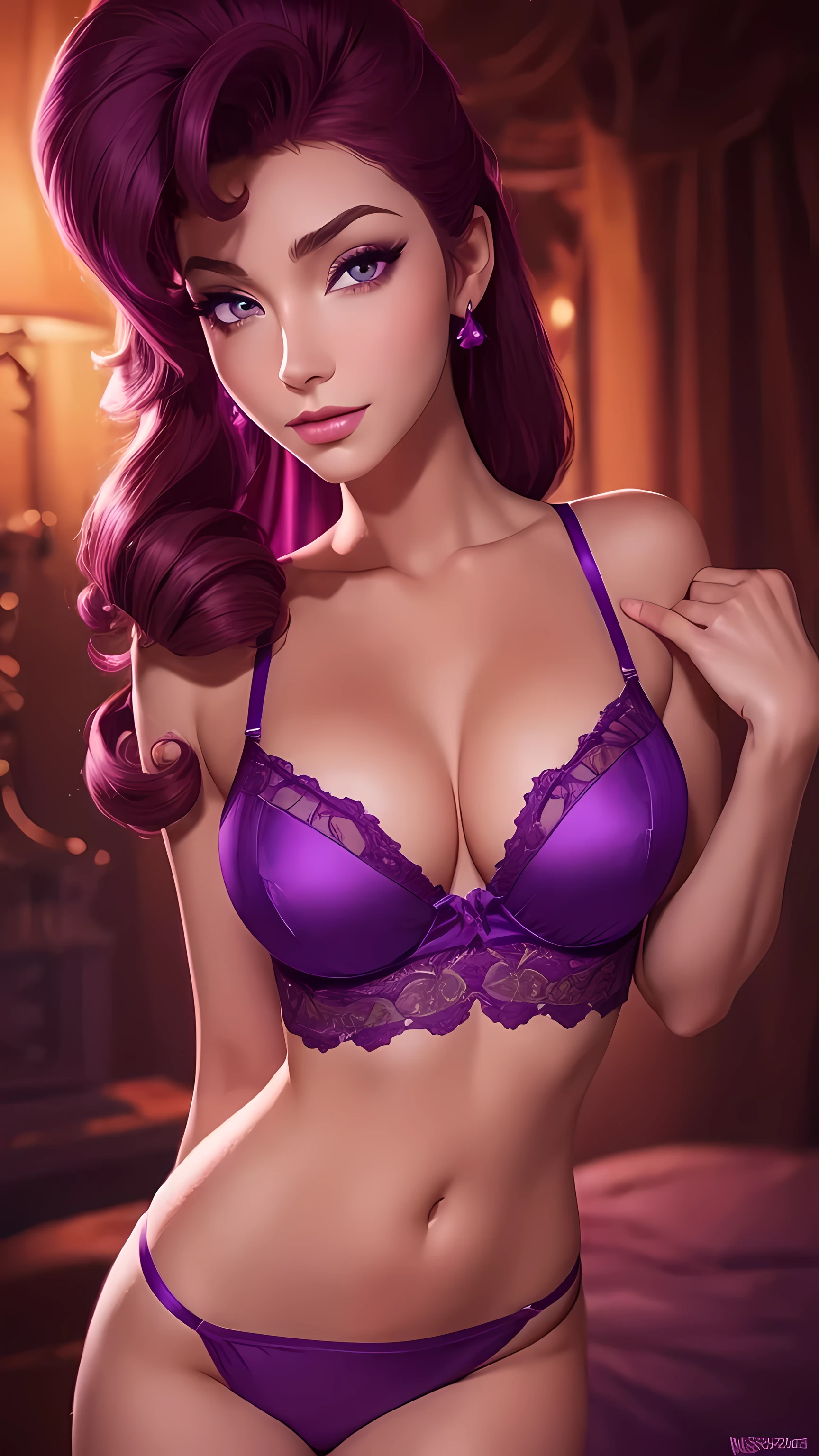 brunette Megara, purple lingerie, face focus, beautiful portait, detailed face expression, best quality, official art,, shinning eyes, disney animation style, best quality, digital art, 2D, full body