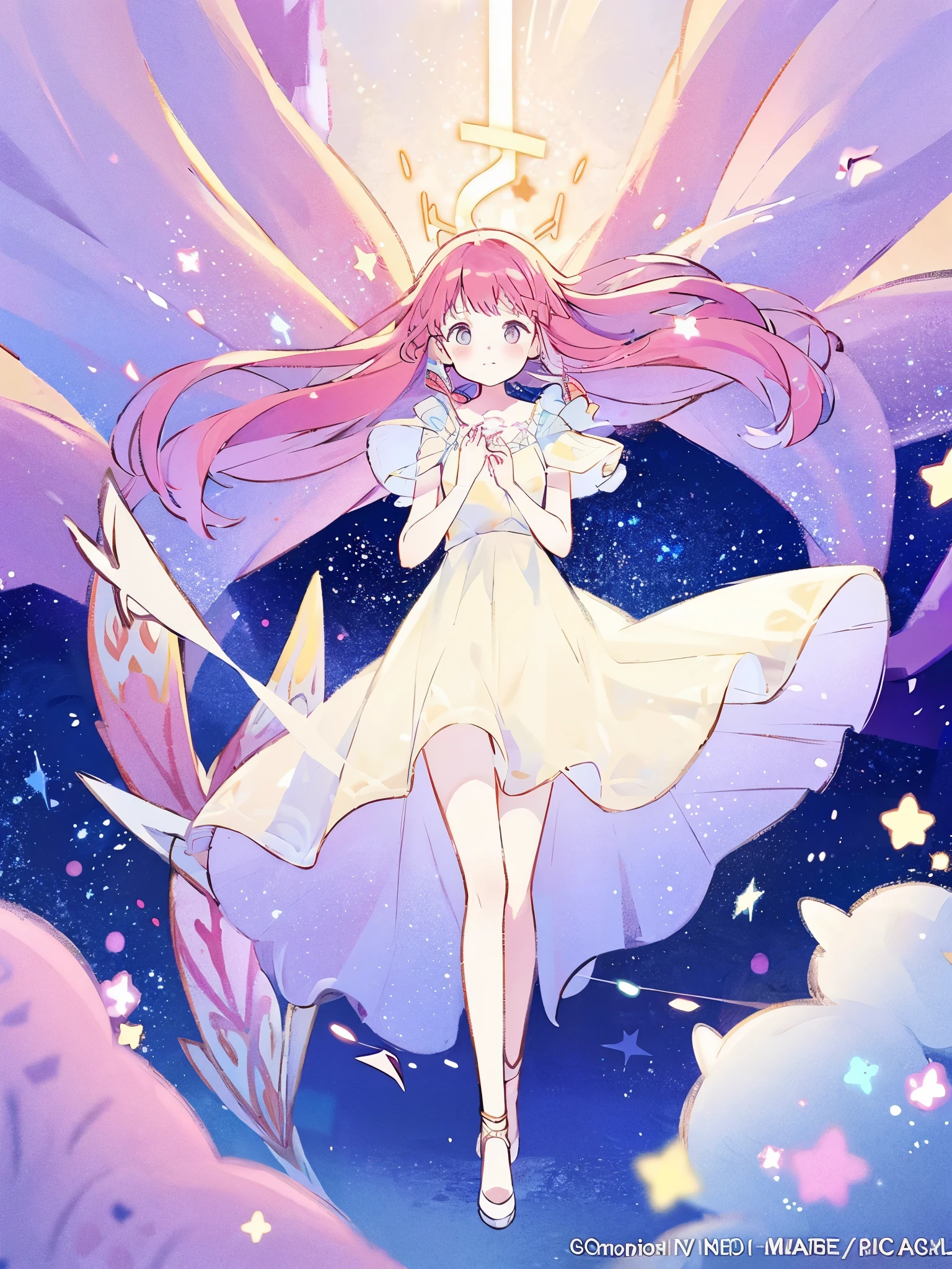 complex background, wishing star background, a woman wearing an ethereal mystical pink translucent dress that reflects the stars, perfume promo art, mystic, complex drawing, highly detailed, Covergirl brand, promo art, artistic rendition, ethereal, starry night, midjourney style