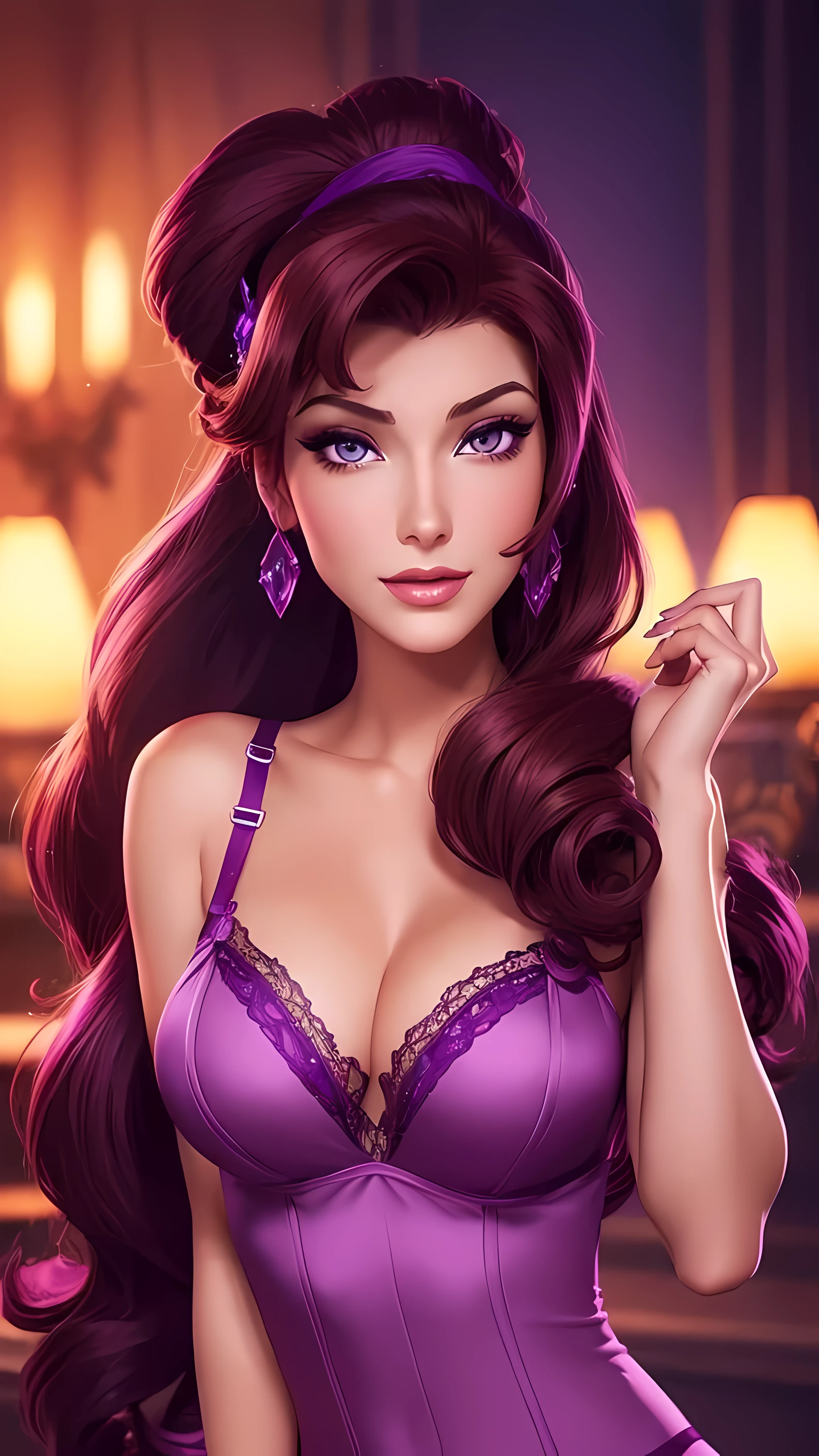 brunette Megara, purple lingerie, face focus, beautiful portait, detailed face expression, best quality, official art,, shinning eyes, disney animation style, best quality, digital art, 2D, full body