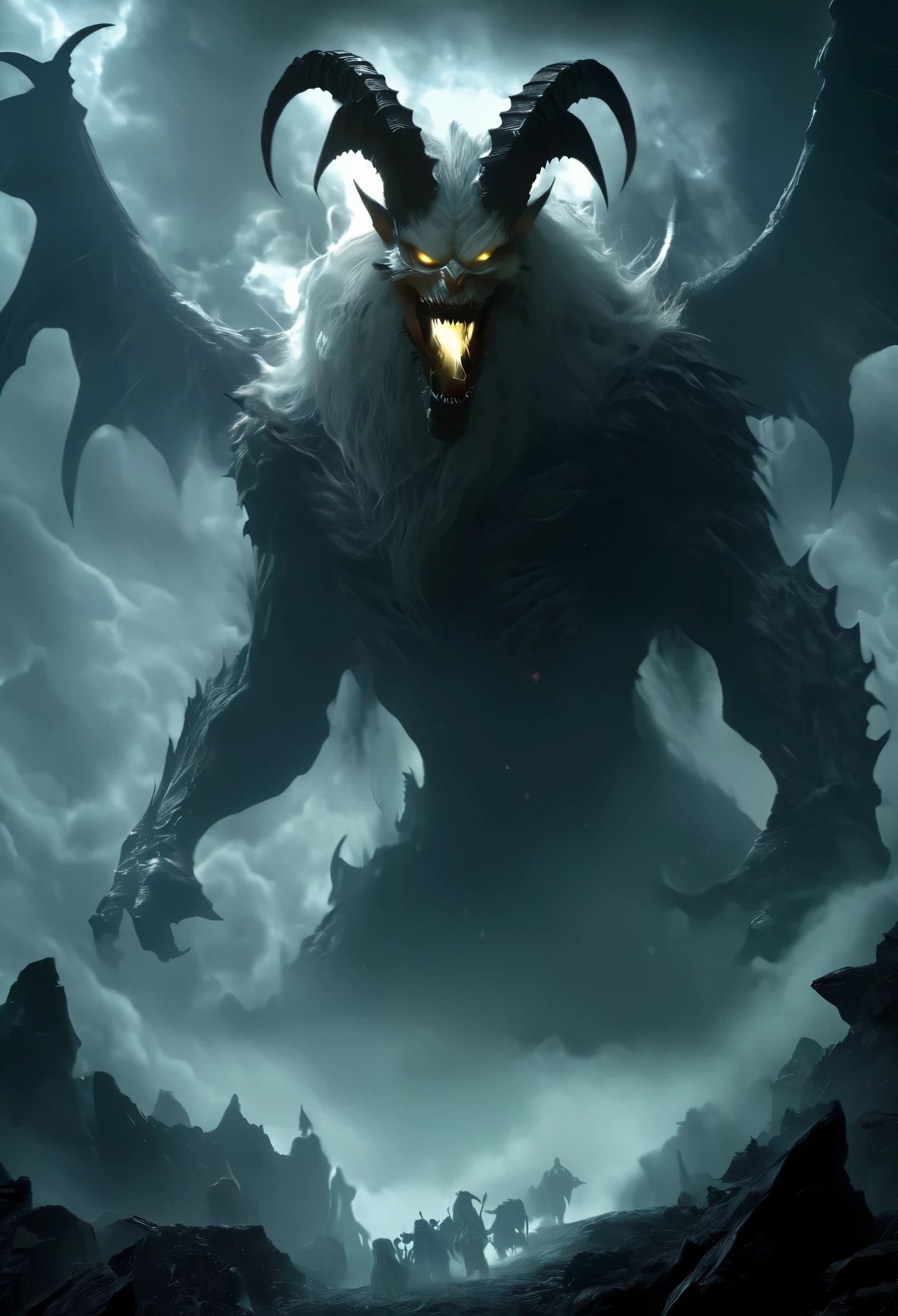 (best quality,highres:1.2),ultra-detailed,realistic:1.37,summoned enormous terrifying white demon,huge fangs protruding from its large mouth, four eyes, long tail, massive four horns,nightmare creature,frightening presence,sharp, menacing claws, terrifying silhouette,shadowy figure,ominous atmosphere,dark, haunting background,horror genre