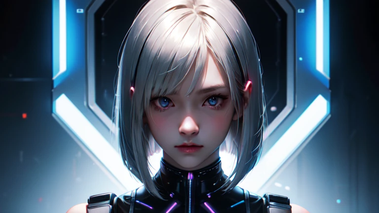 1 girl, ピンクのneon ,android, 女性android , cyber punk, club,dim lighting, neon signs,fc portrait, neon,cyber punk, futuristic ,Japanese girl with short, straight silver hair, bang, bob cut, black eyes, 15 years, young, pale skin, slender body, small breasts, small breasts, ultra high resolution, UHD, (realistic:1.4), doll-like face, futuristic鎧,