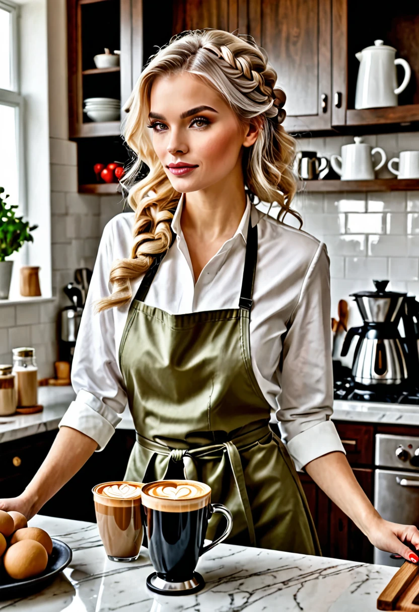 Mujer rubia con el cabello atado, maquillada, realista, detallado, estilo princesa, is in a gourmet kitchen making coffee