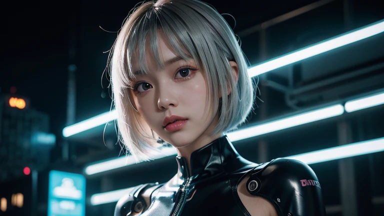 1 girl, ピンクのneon ,android, 女性android , cyber punk, club,dim lighting, neon signs,fc portrait, neon,cyber punk, futuristic ,Japanese girl with short, straight silver hair, bang, bob cut, black eyes, 15 years, young, pale skin, slender body, small breasts, small breasts, ultra high resolution, UHD, (realistic:1.4), doll-like face, futuristic鎧,