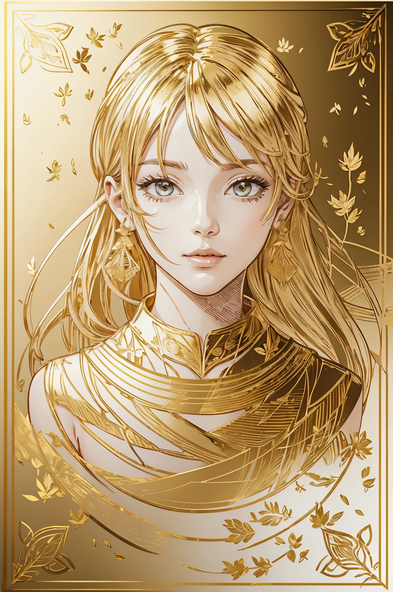 (Stick figure art|Gold leaf art.) ), (stick figure line | gold foil line), line drawing of the head of the golden and white anime character drawn by gold leaf art, real gold foil, gold foil texture, elemental,
