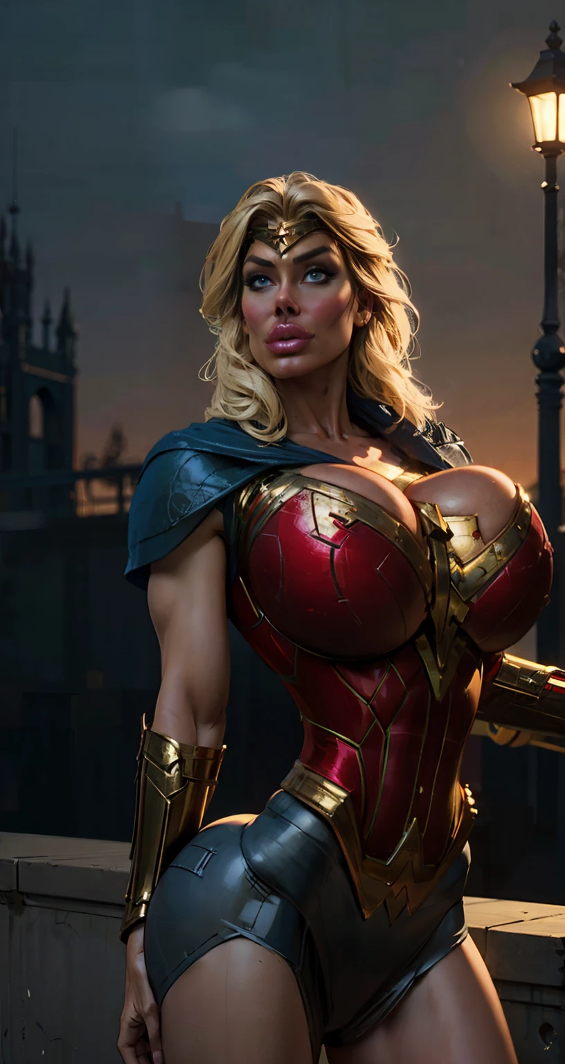 ((Cowboy shot:1.4)) 1 Same Girl , Perfect Beautiful , ((Candy Charms))Face, long blonde Hair , (( woman in slutty outfit:Wonder Woman suite)) , Athletic Body , ((gigantic breasts:1.2 )),intricate detailed body, perfect face, perfect body, large lips, beautiful eyes, perfect figure, Extreme Detailed Portrait With Bokeh Effect , Realistic Lighting, medieval castle View , Dark Vibe , Crowd , Gothic Makeup , Gothic atmosphere , Posing Like a Model , Looking off to the side, warm lighting, blue street lamp light((sunset ambiance light:1.0))