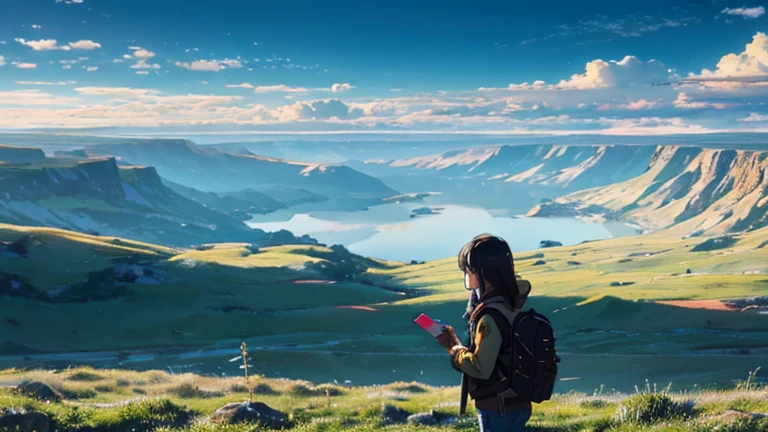 Vast Sky, Beautiful skyline, Wide grassland, A very tense and dramatic photo, Moving visual effects, Polaris in extreme difficulty, Depth of the bounds written, Colorful natural light. rugged jacket, jeans, A girl with a backpack in the center of the frame.