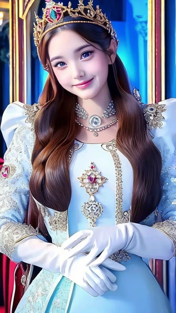 highest quality、Super detailed、masterpiece、8K、17-year-old、she's a princess of a kingdom,sweet smile, beautiful faces, perfect body,idol type, royal crown above her head, a beautiful Ruby red stone in the middle of her crown, detailed crown, perfect crown size, beautiful crown, long sleeve light blue dress, perfect dress, elegant dress, white elegant gloves, Diamond baubles on her dress, elegant dress, kingdom vibes, front view、perfect composition、genuine、long hair