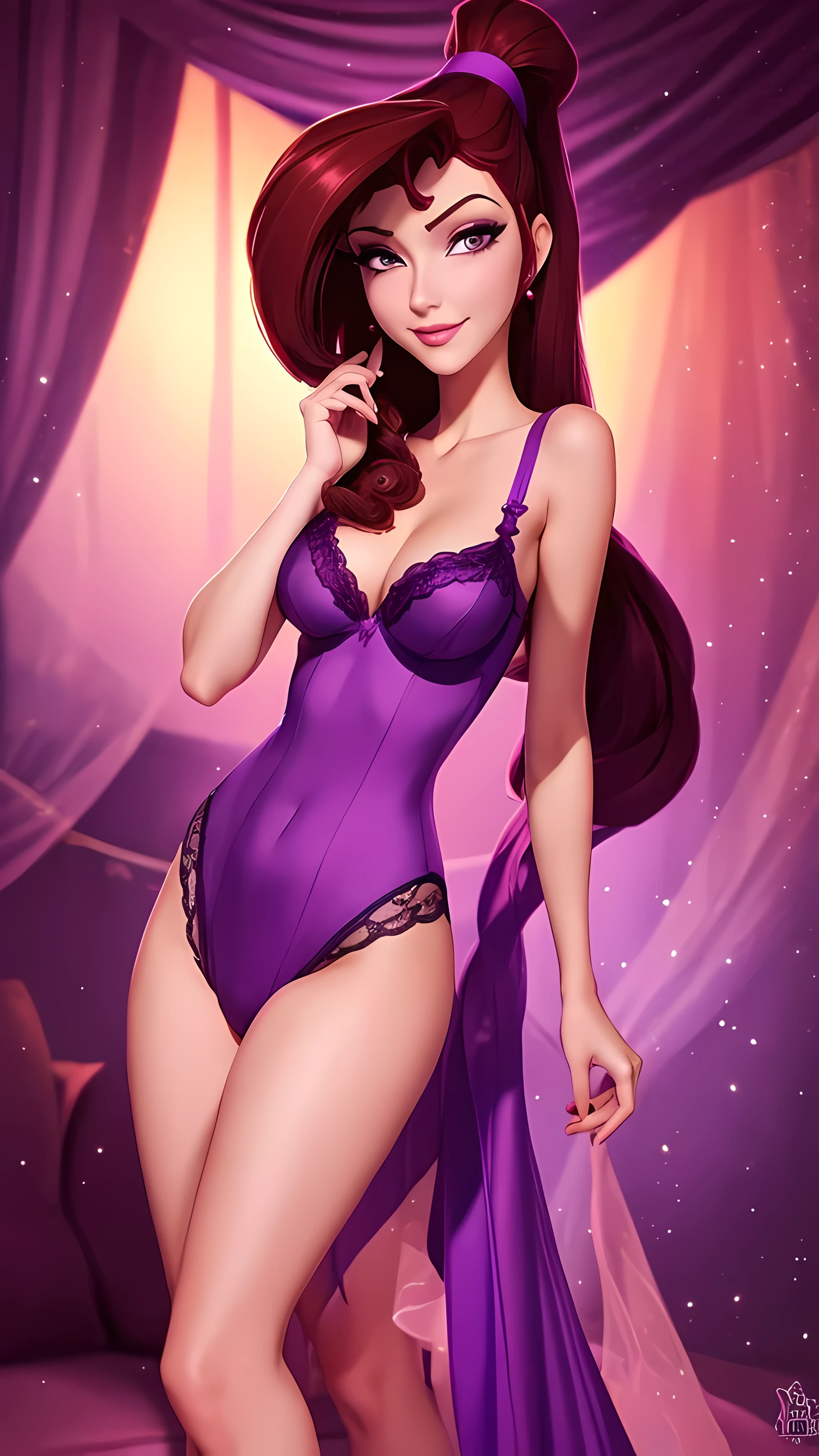 brunette Megara, purple lingerie, face focus, detailed face expression, best quality, official art, shinning eyes, disney animation style, best quality, digital art, 2D, full body