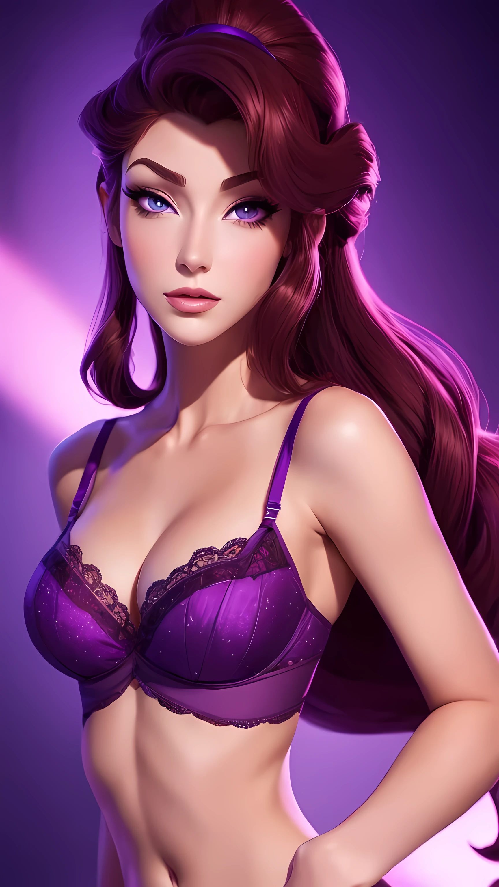 brunette Megara, purple lingerie, face focus, detailed face expression, best quality, official art, shinning eyes, disney animation style, best quality, digital art, 2D, full body