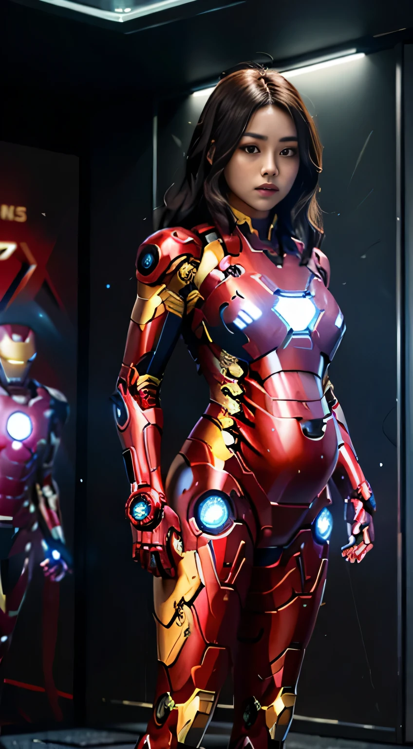 4k, realistic, attractive, very detailed, a 20 year old girl in an Iron Man costume, she is Iron Man, superhero theme, black long hair, 25 years old, full body, ray traced image of Arthur Pan, trending on Artstation, Digital art, cyberpunk iron man, like iron man, cyber suit, intricate glowing mecha armor, battle damaged iron man suit, sci-fi suit, armor glowing lights, red and cinematic lights, dramatic shadows and beautiful vibrant colors The color captures the scene.Romantic Art Style, Intricately detailed woman, Intricately detailed woman, massively pregnant, huge pregnant belly