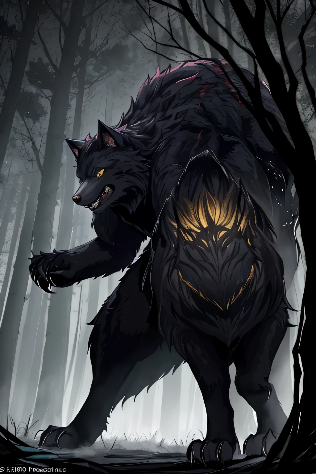 In the heart of a dark, mysterious forest, a fearsome werewolf stands tall. His fur, a thick, glossy coat of midnight black, shines under the moonlight. His eyes, once human, now gleam with a fierce, golden hue. His muscles ripple with power and strength. His prowling sense heightened, he growls, baring his sharp teeth and piercing claws. The forest around him is an intricate play of shadows, trees reaching out like skeletal fingers, and a delicate mist whispering through the air. The scent of damp earth and the faint howl of other creatures completes the haunting symphony of the night. The scene, rendered in a