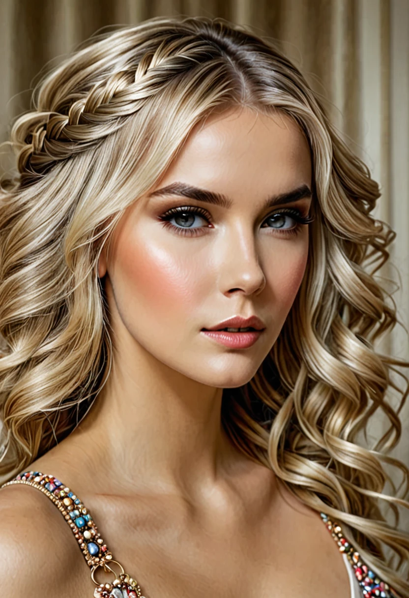 Mujer rubia con el cabello atado, maquillada, realista, detallado, estilo princesa, decora su living colgando cuadros