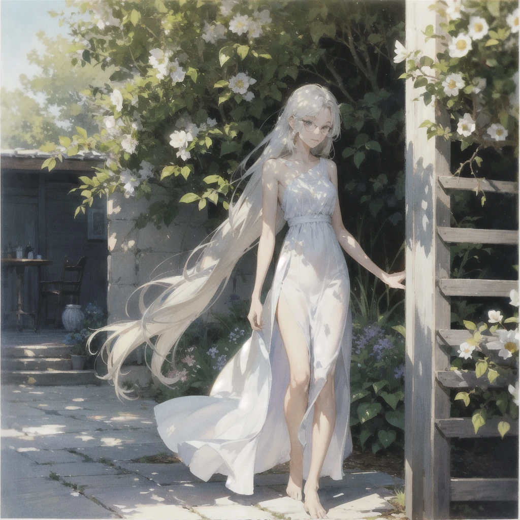 Exquisite slender gentle girl of 20 years old with a perfect very beautiful delicate face with straight blond silver hair (with purple eyes) naked in the rays of the rising sun with tender breasts barefoot (in a white long skirt) ((bare-breasted)) (in round glasses) drinking on the veranda in the garden (Coffee) and looks at the flowers, in watercolor style, discreet light shades, Flares, imitation of film photography, against the sun, a lot of sun glare, light fills the frame