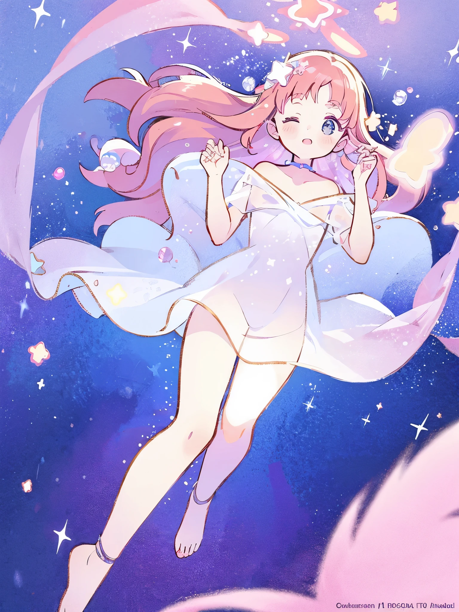 complex background, wishing star background, a woman wearing an ethereal mystical pink translucent dress that reflects the stars, perfume promo art, mystic, complex drawing, highly detailed, Covergirl brand, promo art, artistic rendition, ethereal, starry night, midjourney style
