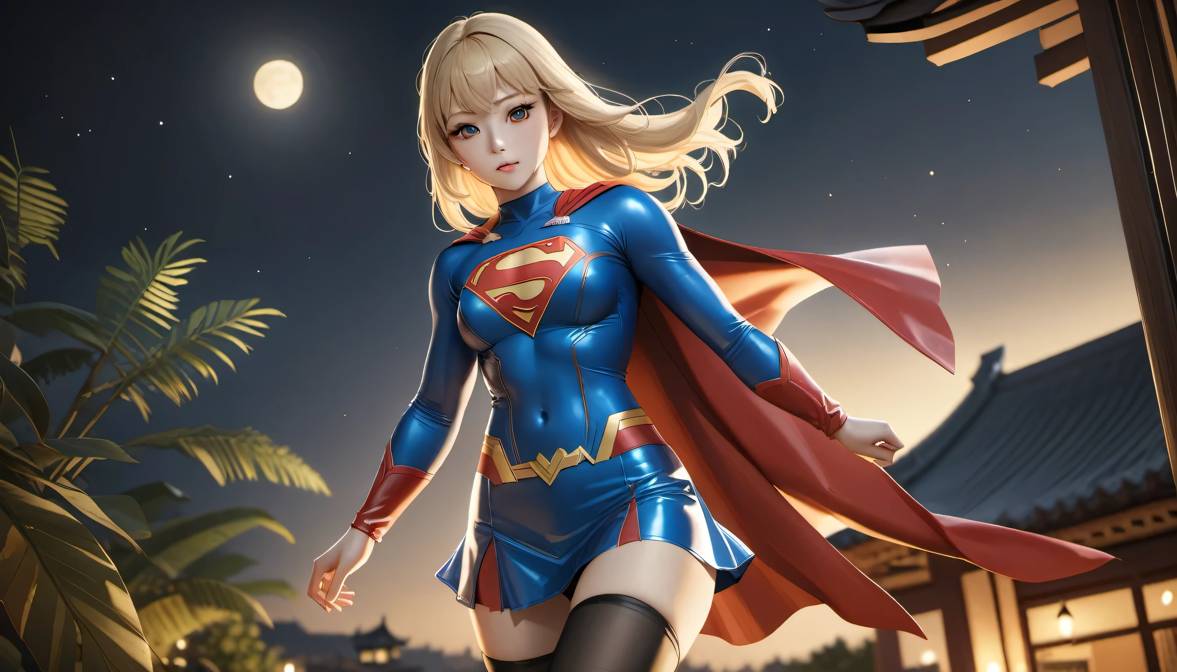 ((Realistic lighting, best quality, 8K, masterpiece)), Focus, 1girl, Perfectly shaped Chinese beauty, Slim abs, ((blonde hair)), (Latex supergirl costume), (Outdoor, Night) , flying, Super thin face, thin eyes, double eyelids, latex miniskirt, (black stockings above the knee)