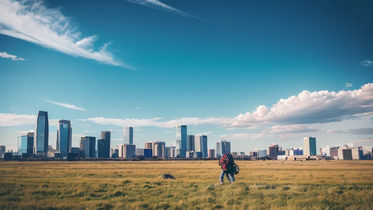 Vast Sky, Beautiful skyline, Wide grassland, A very tense and dramatic photo, Moving visual effects, Polaris in extreme difficulty, Depth of the bounds written, Colorful natural light. rugged jacket, jeans, A girl with a backpack in the center of the frame.