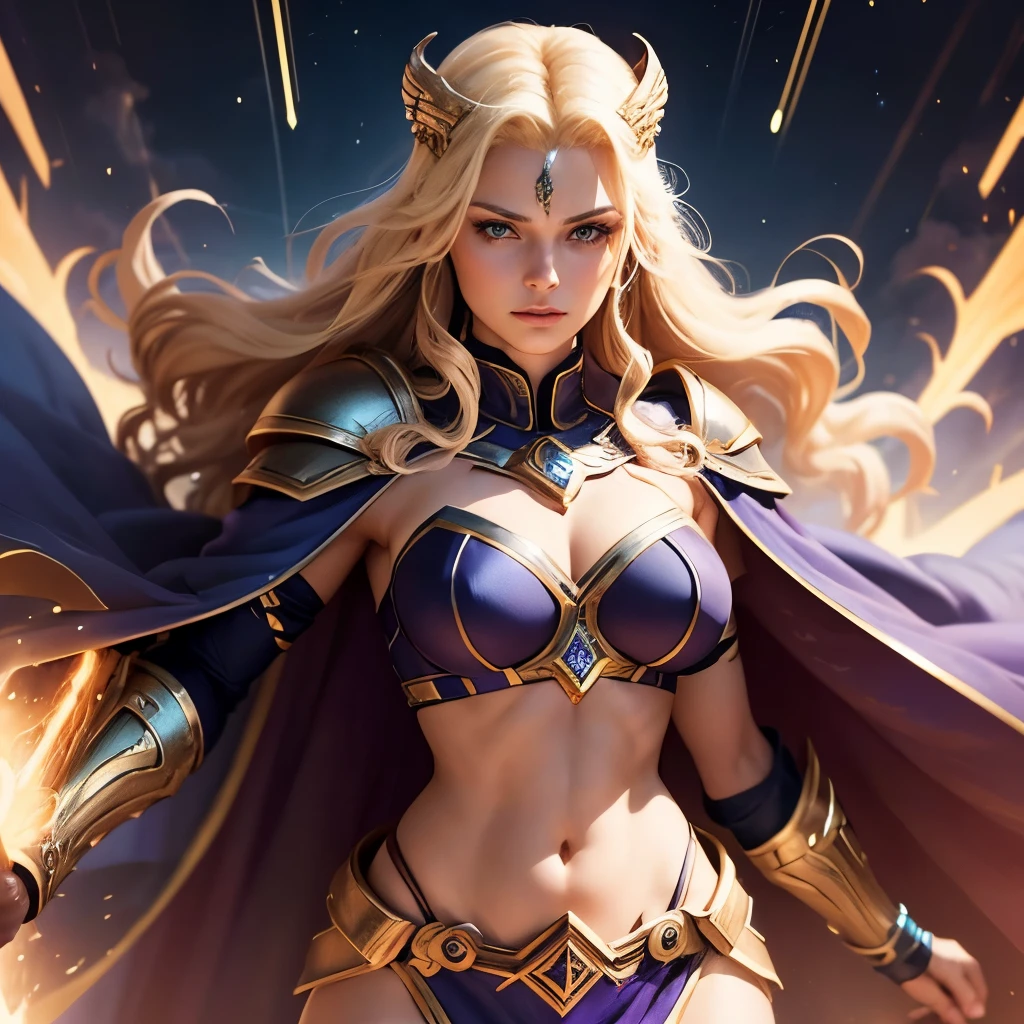 digital illustration of Thundra, the Asgardian hero, standing confidently in her deep blue/purple outfit with gold trim inspired by Jack Kirby's designs. blonde hair. Capture the essence of her power as she commands thunder and lightning, with her cape resembling a star field. Include the Norse helm with gold wings and showcase her right hand covered in a heavy armored glove. cosmic background. deep v neck. midriff. stern express