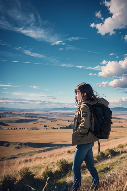 Vast Sky, Beautiful skyline, Wide grassland, A very tense and dramatic photo, Moving visual effects, Polaris in extreme difficulty, Depth of the bounds written, Colorful natural light. rugged jacket, jeans, A girl with a backpack in the center of the frame.