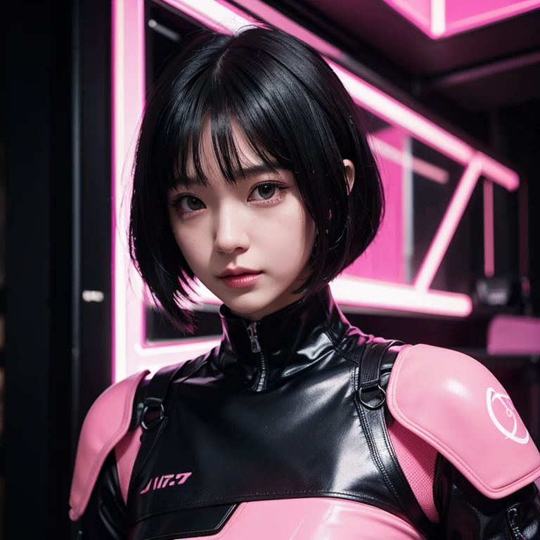 1 girl, pink neon ,android, 女性android , cyber punk, club,dim lighting, neon signs,fc portrait, neon,cyber punk, futuristic ,Japanese girl with short straight hair, bang, bob cut, black eyes, 15 years, young, pale skin, slender body, small breasts, small breasts, ultra high resolution, UHD, (realistic:1.4), doll-like face, futuristic鎧