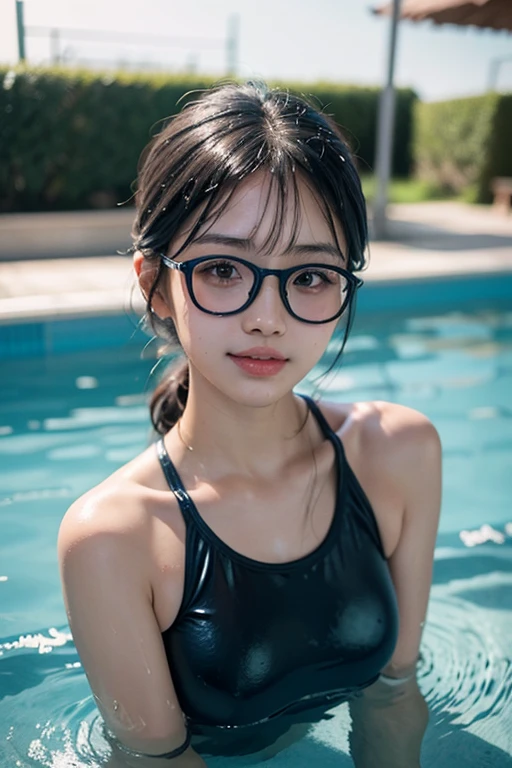 (masterpiece, highest quality, High resolution,8K, RAW images), Beautiful 15 year old plain Japanese student, wearing glasses, Beautiful long shiny black hair, snappy bangs, shiny face, shiny skin, Depth of written boundary, chromatic aberration, caustics, natural shading,  kind, smile, Small devil,cute face, thighs, film grain, chromatic aberration, sharp focus, face light, clear lighting, detailed face, background bokeh, huge breasts, slender body, A traditional Japanese, simple navy blue one-piece school swimsuit, Wet and shiny swimsuit, Wet and shiny skin, Wet and shiny god, A real Japanese school swimming pool, full shot, Taken at the best angle