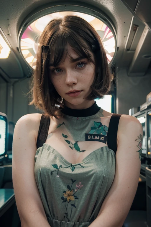 girl with pale skin, dark brown hair, bob hairstyle with curtain bangs, grey-green eyes, freckles, beautiful flawless face, with floral tattoos, in mini dress, in a futuristic sci-fi world full of neon lights