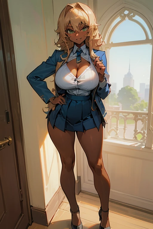 (masterpiece), best quality, expressive eyes, perfect face, (classrom window background), (standing), (smirk), (1girl, kuro gyaru, dark skin Asian, tan skin asian, dark skin, tan skin, tan, bleach blonde hair, bleach blonde hair asian, curly hairstyle with bangs, hair bangs, green eyes, asian eyes, hourglass figure, skinny body, petite_body, short height, large breasts, huge breasts, oppai, thick legs, long fingernails), ((navy_blue_suit_jacket), (white_button_shirt), cleavage exposed, (red_pleated_skirt), (white_stockings), (black_heels)), 