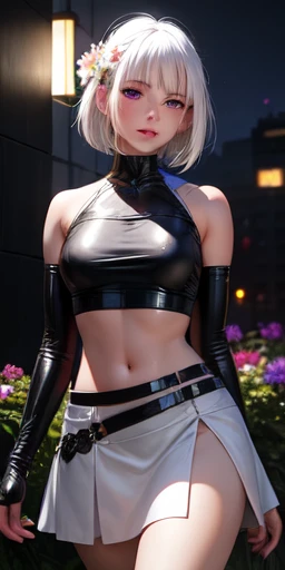 realistic, 1girl, white hair, purple eyes, glowing eyes, crop top, skirt, parted lips, blush, night, flowers, sun, sunlight,