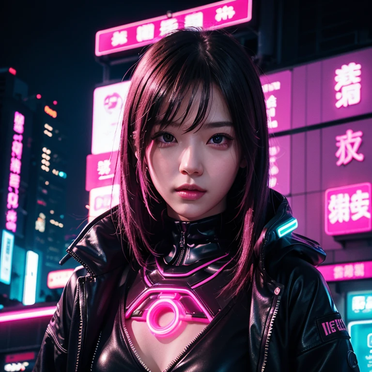 1 girl, pink neon ,android, 女性android , cyber punk, club,dim lighting, neon signs,fc portrait, neon,cyber punk, futuristic ,