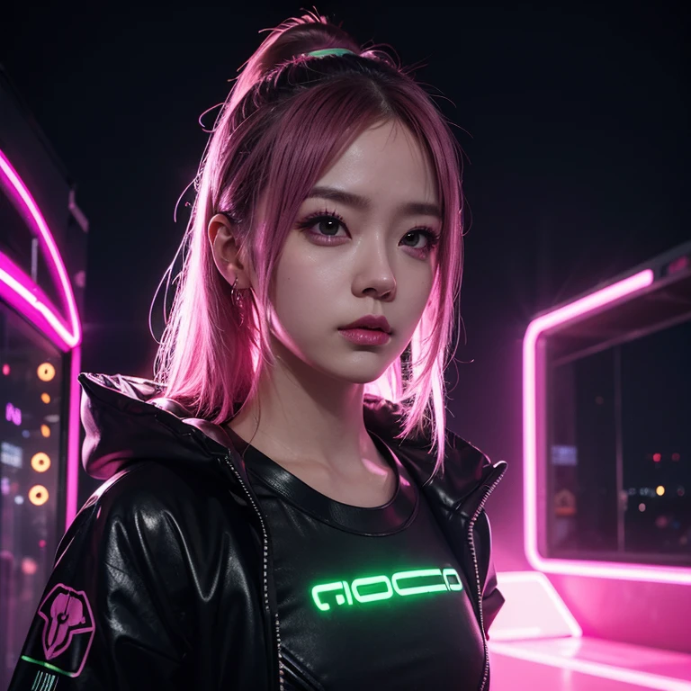 1 girl, pink neon ,android, 女性android , cyber punk, club,dim lighting, neon signs,fc portrait, neon,cyber punk, futuristic ,