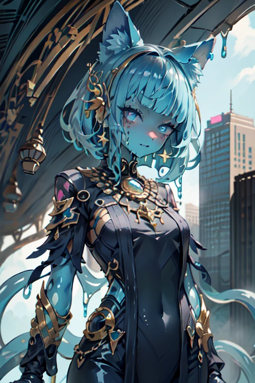 slime, (Translucent liquid skin:1.6), No humans, punk outfit, liquid blue hair, Slimy liquid dripping from her body, Her hair is also covered in blue slime, slime scatters, Beautiful eyes with fine symmetry, (Intricate details:1.4), (Highly detailed face and eyes:1.2), slim figure, destroyed city, urban combat, anime, fantasy, (Highly detailed), (high resolution), (Best quality), (masterpiece)