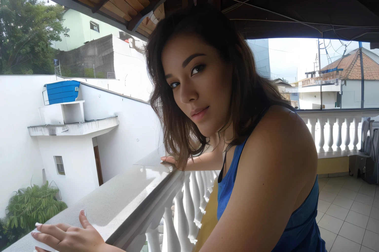 Beautiful woman, realistic, detailed and full-length woman Sitting on a balcony, wearing a t-shirt, leaning on a railing. High Resolution, (Photographically Realistic), , Sexy Pose, 8K, NFSW. Masterpiece, best quality, (best quality), (CG unit 8k wallpaper, realistic lighting, extremely detailed), (best quality), (best illustration), (best shadow), absurdities, realistic lighting, (Abyss) , beautiful detailed luster. Best quality, high resolution, Masterpiece: 1.3, High resolution (photographically realistic). She is around 35 years old, a woman in good physical condition.
