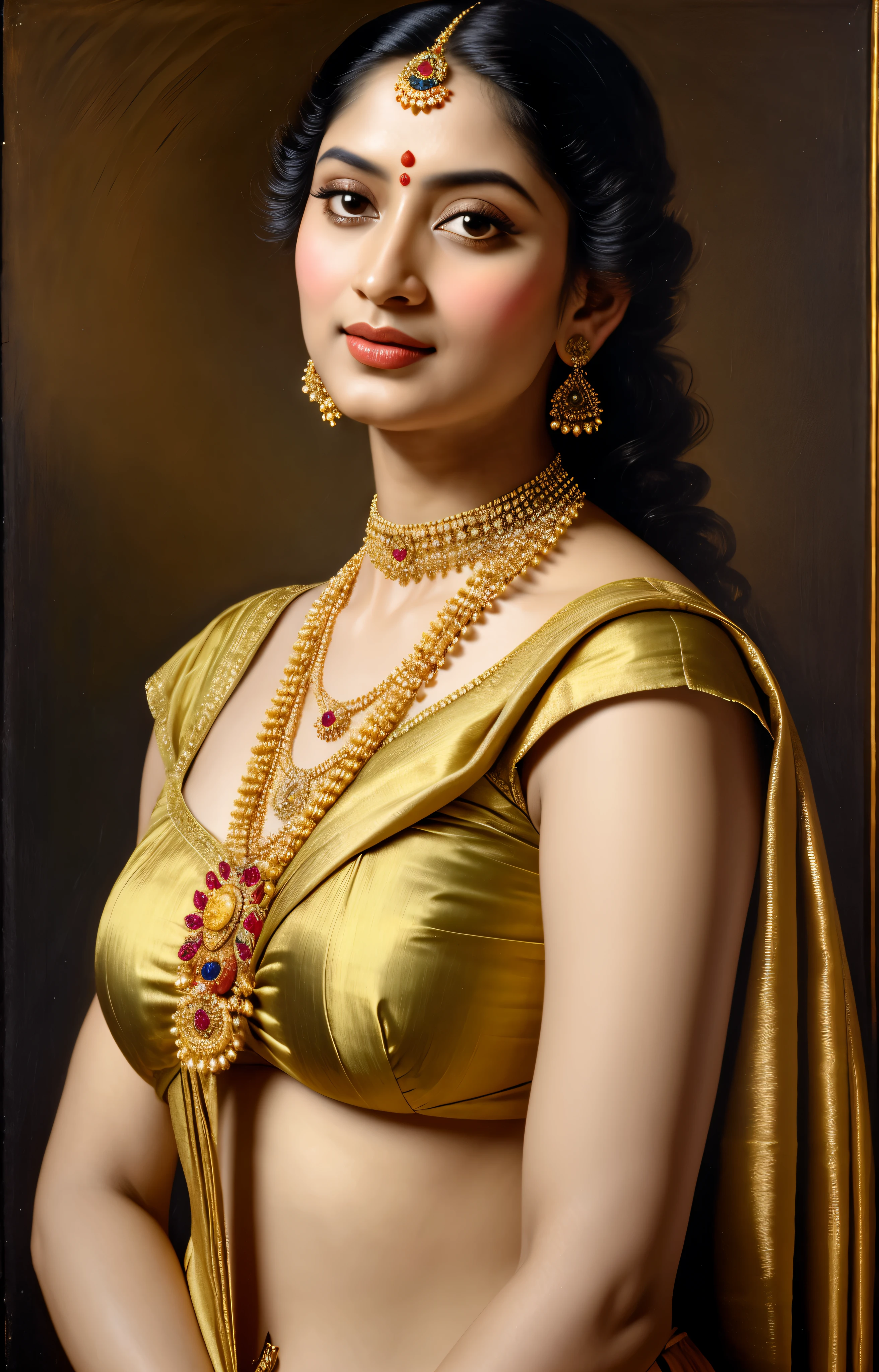 Beautiful Indian Woman, wearing saree, sari Beauty, gorgeous, Apsara, Maharani, royal queen woman, nymph from Hindu Mythology, Urvashi, matchless beauty, Highly detailed, Oil Painting by Peter Paul Rubens inspired by Raja Ravi Varma, Matchless beauty, captivating, gorgeous, heavenly beauty, celestial beauty, by Peter Paul Rubens, 13, realistic, hyper realistic, micro details, incredible artwork, insane details, ultra High resolution, 8k, 32k, acrylic on canvas, intricate, flawless, detailed, detailed face, detailed eyes, masterpiece, by Peter Paul Rubens, by Caravaggio, by William Adolphe bouguereau, perfect face, perfect body, beautiful art, realism, baroque, renaissance Art, highly textured, beautiful and detailed eyes, uhd, best quality,
