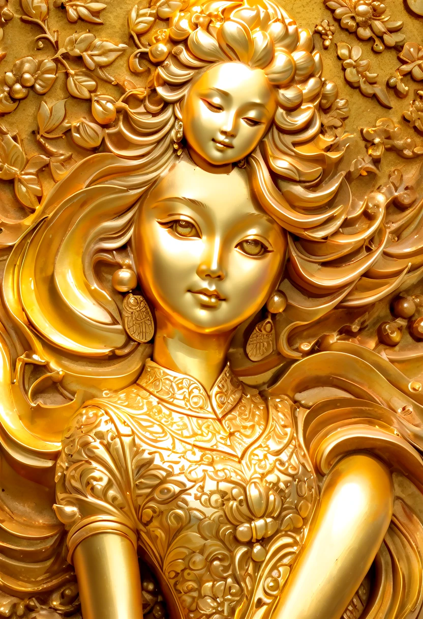 1girl, Gold Leaf Art, goldcarvingcd_xl, jinsixiangyun, traditional, golden, Gold Foil Art, gold leaf,gilded details,shimmering surface,meticulous craftsmanship,rich texture,ornate patterns,hand-applied gold leaf,golden accents,delicate brushwork,reflective surfaces,luxurious finish,breathtaking beauty,meticulous detailing,elegant composition,fine art masterpiece,visual opulence,vibrant colors,glowing golden hue,dramatic contrast,subtle shine,golden radiance,exquisite craftsmanship,gleaming surfaces,richly layered,illumination quality,baroque influences,refined elegance,luminous highlights,rich and regal,unparalleled luxury,artistic magnificence,timeless beauty,self-reflective surfaces,polished luminosity,lustrous appearance,dazzling brilliance,opulent aesthetic,opulent opulence,limitless beauty,decorative embellishments,unmatched elegance,celestial luminosity,heavenly glow,fine brushstrokes,delicate intricacy,detailed precision,exquisite artistry,dazzling exuberance,unparalleled grandeur,luxurious embellishments,illuminating radiance,dynamic texturing, SFW