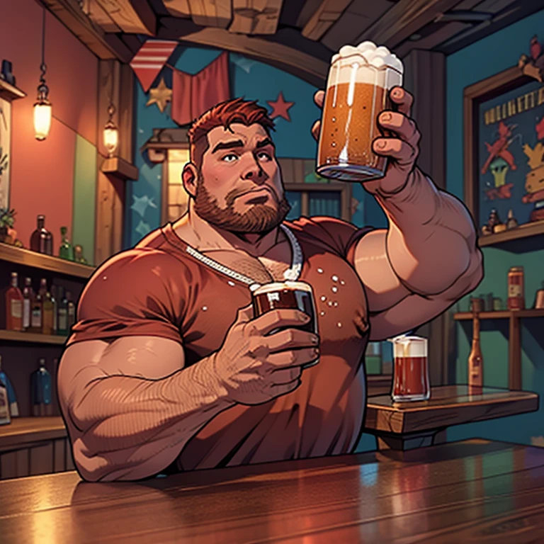 Make a man with obesity. Esse homem deve estar usando roupa vermelha. Ele deve estar dentro de um bar. He's drinking beer. Foto ultra realista, qualidade 8k, Full HD