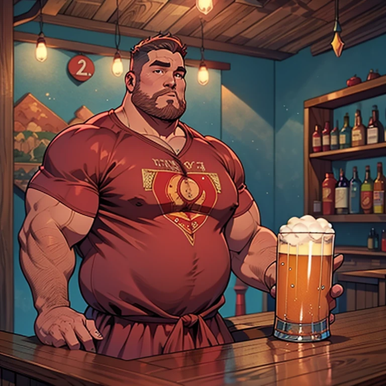 Make a man with obesity. Esse homem deve estar usando roupa vermelha. Ele deve estar dentro de um bar. He's drinking beer. Foto ultra realista, qualidade 8k, Full HD